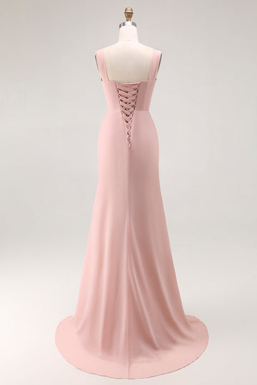 Blush Pink Mermaid Cowl Neck Bridesmaid Dress With Slit